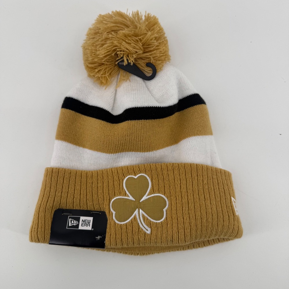 New Era Boston Celtics NBA Gold White Striped Shamrock Pom Beanie Hat 60761649